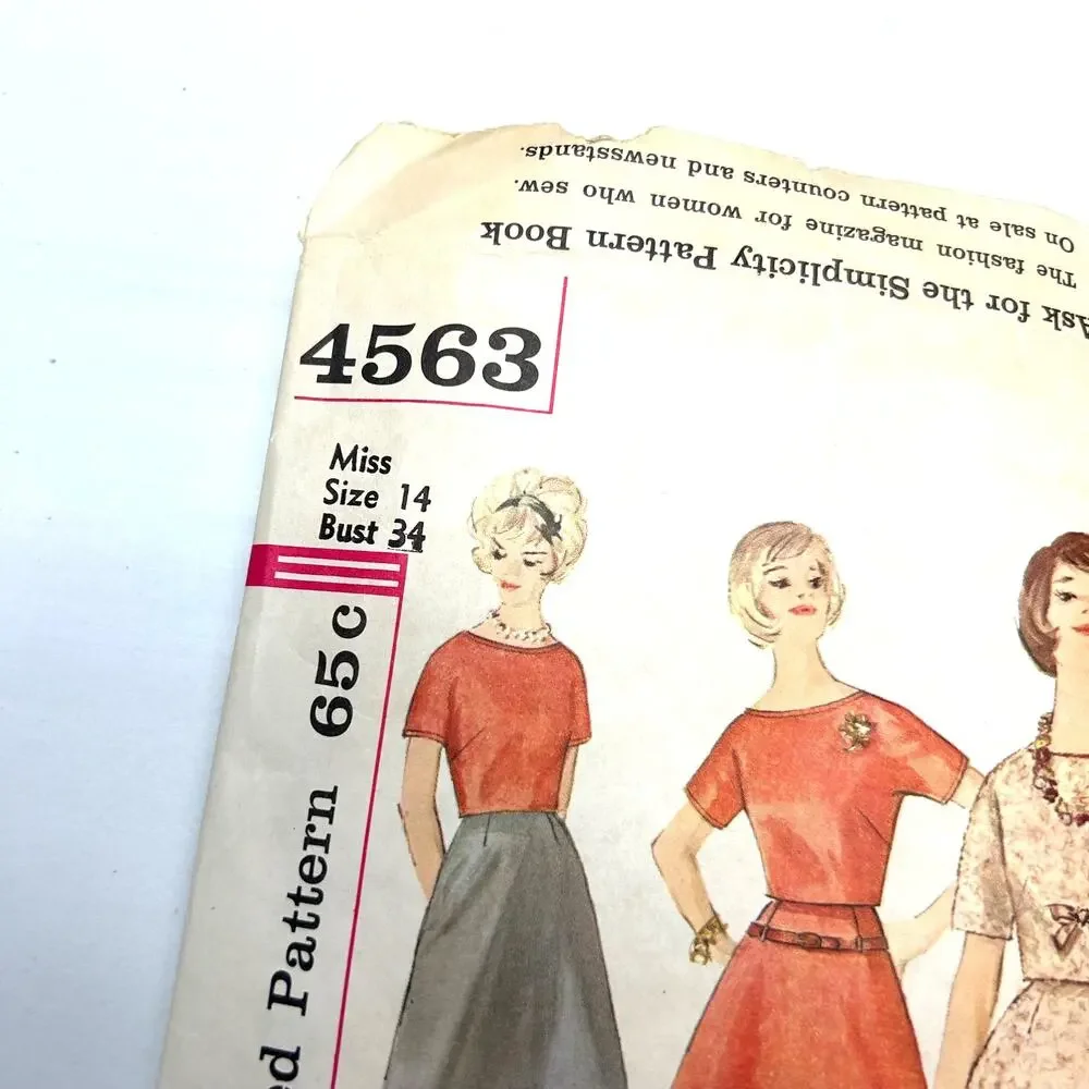 Simplicity Vintage 1960's? Pattern #4563 Junior Misses Top and Skirt Size 14 HTF